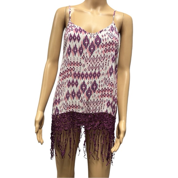Umgee Boho Long Fringe Slit Back Spaghetti Strap Tank Top Blouse Womens Medium - Picture 1 of 10